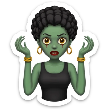 Faça me um emoji de um zumbi mulher de cabelos vermelho borgonha longos ondulado usando uma blusa preta sticker