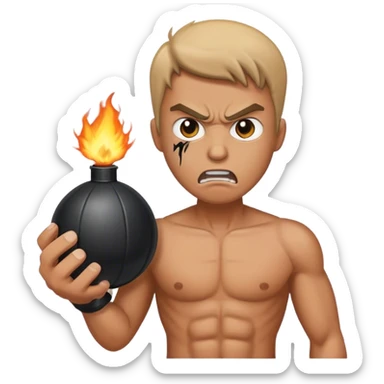 Angry man holding a fake bomb sticker