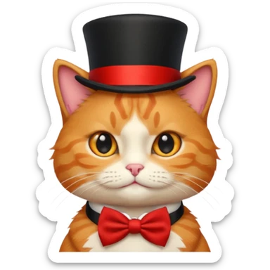 Cute emoji-style orange tabby cat wearing a black top hat with a red band and a red bow tie, big round eyes, fluffy fur, clean mascot style, centered, transparent background, 1:1 ratio. sticker