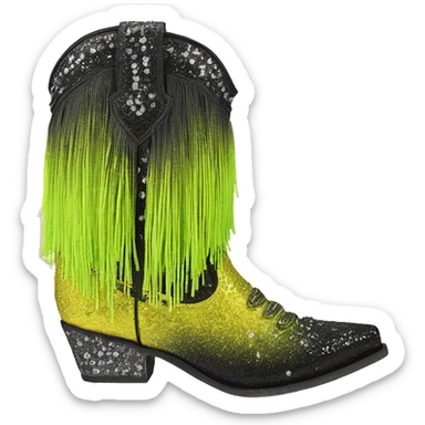 Realistic short neon yellow to black ombre fashion cowgirl boot with sparkly shiny glitter fringe on them. sticker