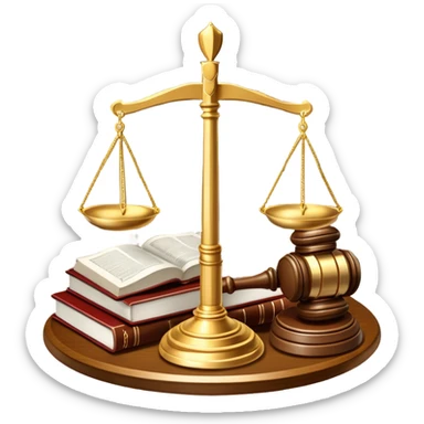 An icon featuring scales of justice, a gavel, and a legal book, symbolizing the study of law. The design includes courthouse pillars in the background, representing authority and legal systems. Transparent background highlights the principles of justice, order, and legal education. sticker