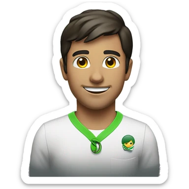 The image shows a young man with short dark hair and facial hair. He is smiling and wearing a white shirt with a green lanyard or badge. There is a dark background behind him with some red text visible. sticker