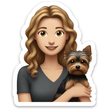 White woman with curly long brown hair holds on her hands Black Yorkshire terrier with light brown Muzzle and paws sticker