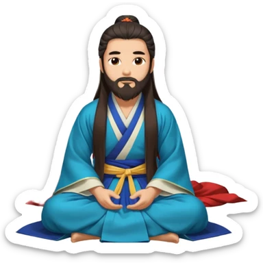 Beautiful man with lightly tan skin and dark long beard, long hair, in Hanfu sitting on the ground sticker