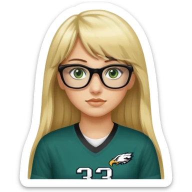 long blonde hair with bangs black rectangle glasses female green eyes football player wearing eagles jersey number 33 sticker