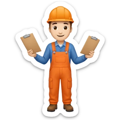 railway engineer full body in orange overalls, carrying a piece of paper with both hands in front of him sticker