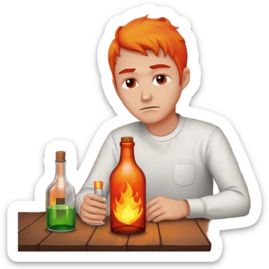 apple style emoji of a sad man at a table with a bottle, burning house in the background sticker