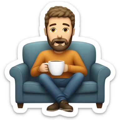 Tired man with beard relaxing on the sofa with a coffee sticker