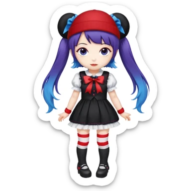 Chibi kawaii, violet eyes, black-blue twin tails, red ribbons, red beanie, black & white lolita dress with red accents, white thigh-highs, black mary janes, cute aesthetic. sticker