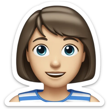 caucasian woman with dark brown hair a bob haircut, bangs, braces on teeth, blue and white striped t shirt sticker