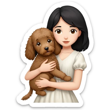 One girl with medium long black hair dressing white dress , hugging One little brown coated labradoodle. sticker