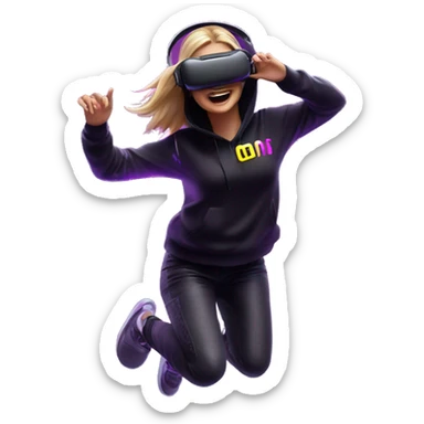 Russian girl wearing black hoody with violet letters "OMG", in vr headset oculus quest2. jumping. Cyberpunk style. Violet neon. sticker