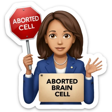 Kamala Harris holding a sign that says “ I aborted my last brain cell” sticker