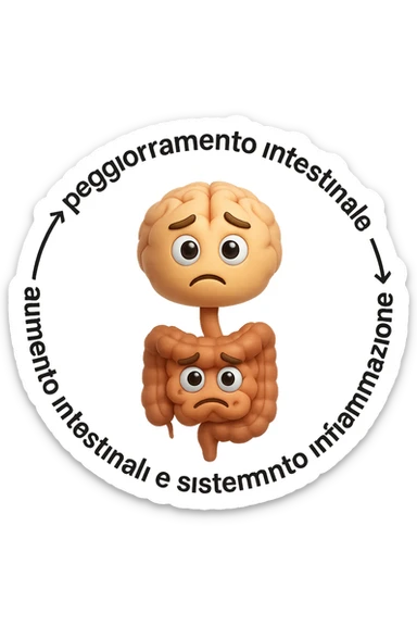 EMOJI STILE IPHONE 3D DI un cerchio con queste scritte che girano intorno "stress → peggioramento intestinale → aumento infiammazione → peggioramento sintomi intestinali e sistemici." al centro del cerchio metti un cervello e intestino umani collegati verticalmente con espressione dubbiosa in volto, FALLO MOLTO REALISTICO IN 3D sticker