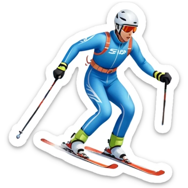 An icon featuring snowy peaks, pine trees, and a picturesque mountain landscape with a skier racing down a snow-covered slope. The sky is blue with soft clouds, capturing the thrill and beauty of alpine skiing. Transparent background highlights the excitement and serenity of winter sports. sticker