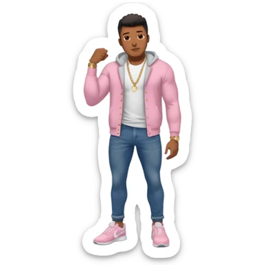 Handsome Black guy with brown skin tone, with muscular build, wearing dark denim jeans, a white t-shirt, pink and gray fuzzy cardigan, white Nike sneakers, a gold watch, and a dainty chain sticker