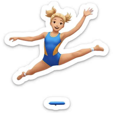 A joyful person mid-air, bouncing high on a trampoline with dynamic motion lines. Their body is stretched in an acrobatic pose, arms wide, legs bent. The scene is full of energy, with a bright blue sky and a fun, playful atmosphere representing excitement and agility. sticker