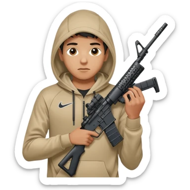 
Fais moi un jeune taliban qui ressemble qui tient une AR15 avec un hoodie a capuche, capuché, avec la cagoule nike therma fit hood sticker