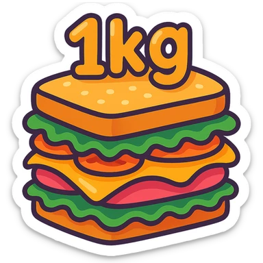 big cartoon sandwich with '1kg' in a bubbly, cartoonish playful font on top sticker