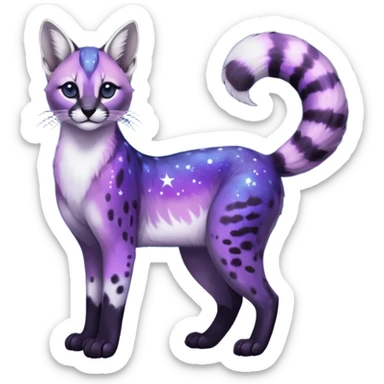Colorful black-violet-indigo-purple-gradients nebulae nebula starry galactical shiny white-stars-spotted glorious iridescent divine exotic cute cool beautiful realistic caracal-civet-genet-vernid-Cacomistle-Trico-oncilla-animal-Fakémon-hybrid-fursona (full body) sticker