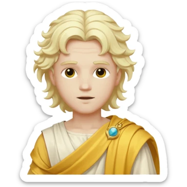 Apollo from Olympus Gods with long white blonde wavy hair, yellow toga sticker