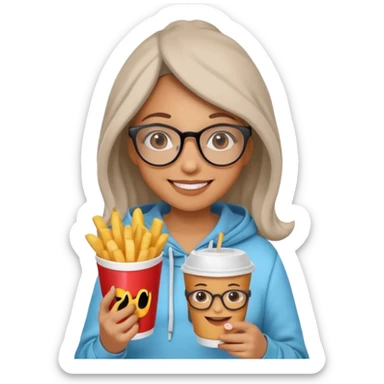 Woman with Glasses & Fries – cheerful woman in hoodie, holding paper cup of fries.





































 sticker