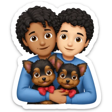Young man with little brown skin, black curly hair, cheerful dark brown eyes, hugging two yorkie of long hair  sticker