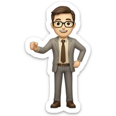 To belt Actively gesturing with hands Pale skinned fit man teacher with dark brown hair in gray jacket, beige office shirt, brown tie, brown pants and vintage glasses. sticker
