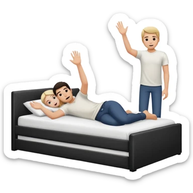 A bed with a girl laying down south and a man putting his hand up. sticker