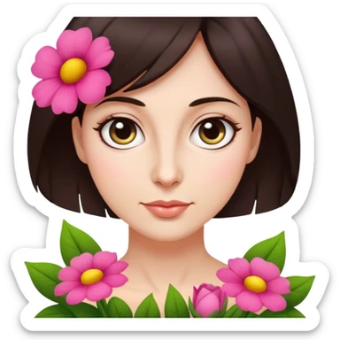 Mujer de 40 años pelo corto castaño oscuro con ojos grandes nariz redonda y flores al rededor sticker