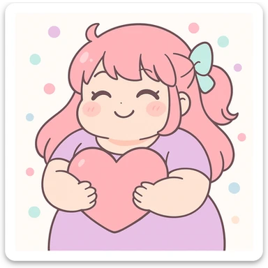 bbw anime girl smiling with closed eyes, holding a big heart, kawaii anime style, vibrant colors sticker