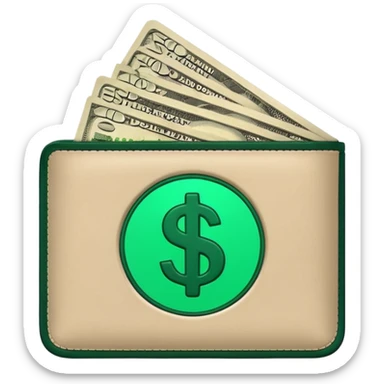 light beige wallet with dark green dollar bills, modern minimalist, emoji style sticker