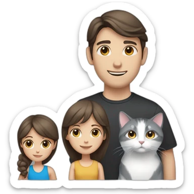 a family of a white man with dark hair and brown eyes, a girl with light brown hair and blue eyes, two gray and black-and-white cats sticker