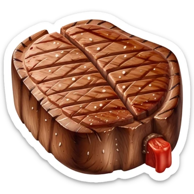 A thick, juicy steak with grill marks on the surface, slightly curved edges, and a reddish-brown seared texture. One side may have a white fatty edge or a small round bone. It appears tender, fresh off the grill, with a delicious, smoky look sticker