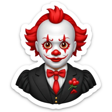Crea un payaso con cara blanca sin pelo con cuernos negros y un traje rojo con negro sticker