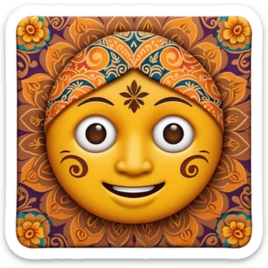 Cinematic Realistic Indonesian Batik Pop Culture Emoji, showcasing intricate, colorful batik patterns rendered with detailed textures and vibrant, cultural lighting. sticker