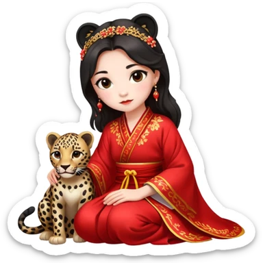 A beautiful girl in red Hanfu wedding dress sits on the ground holding a black leopard sticker