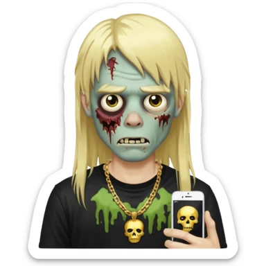 make a iphone emoji who is a zombie man with long blonde hair with bangs, with a black punk shirt and a golden neckless sticker