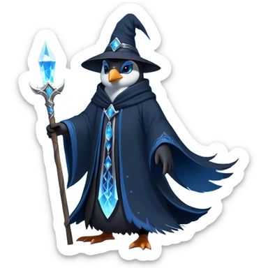 A mysterious penguin mage with sleek midnight-blue feathers, wearing a flowing black robe adorned with silver runes. A tall, pointed wizard hat sits slightly tilted on his head, the brim casting a shadow over his glowing icy-blue eyes. His flipper clutches an ancient wooden staff topped with a swirling crystal, radiating a soft, cold light. Snowflakes drift around him as he stands on a frozen cliff, his aura crackling with arcane energy, ready to summon a blizzard with a flick of his staff. sticker