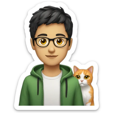 Boy green eyes, glasses, with black short hair, with orange Persian cat sticker