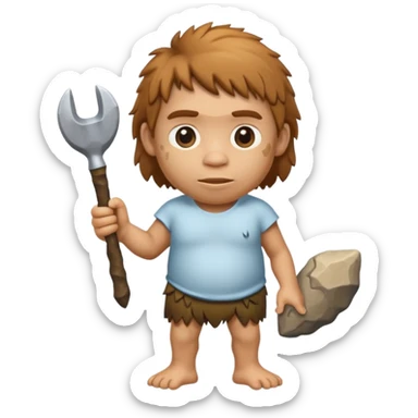 cartoon Neanderthal kid holding a stone tool emoji style sticker