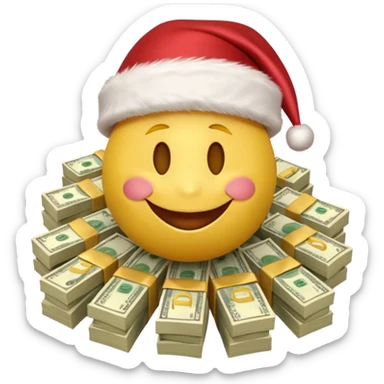 A festive 3D emoji style yellow smiley face wearing a Santa hat, surrounded by stacks of cash and dollar bills, joyful expression, Christmas and New Year theme, high quality, clean design, studio lighting, no text, no background, isolated object, transparent background, emojis.com style sticker