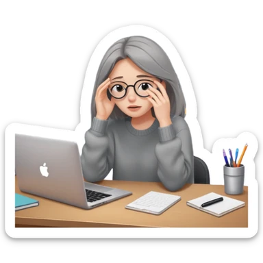 female tired blogger with a laptop, rubbing eyes, oversized sweater, cluttered desk, late night vibe sticker