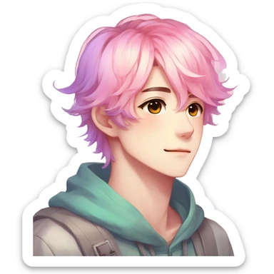 Gorgeous anime style shojo guy with blushing face aesthetic and pretty colorful shiny gradient pastel hair trending style sticker
