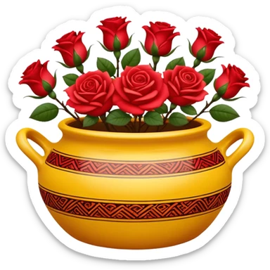 Yellow ceramic pot with red roses; the pot is decorated in an ethnic style. sticker