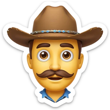 Clash of Clans aesthetic Comical Cowboy Portrait Emoji, Head tilted dramatically with an exaggerated, fun expression and wide, comically expressive eyes, featuring a rugged yet cartoonish build with a playful cowboy hat and quirky mustache, his natural skin tone evident, Simplified yet hilariously expressive features, highly detailed, glowing with a slightly sassy western glow, high shine, dramatic yet playful, stylized with an air of cheeky frontier mischief, soft glowing outline, capturing the essence of a meme-worthy cowboy bringing humor to epic quests! sticker