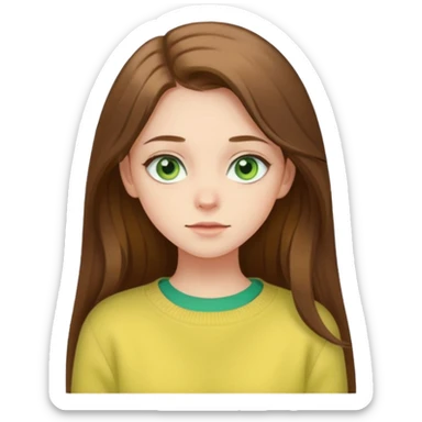please create an emoji of a semi pale girl with long brown hair, green eyes, wearing a pastel yellow sweater sticker