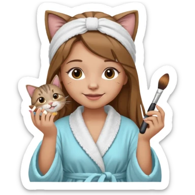 A image of a girl with light long brown hair wearing a bathrobe and headband doing her makeup with her chubby grey tabby cat. She is smiling sticker
