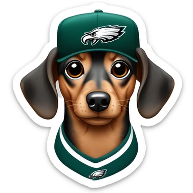 Miniature Dachshund Merle wearing Philadelphia Eagles Hat with Coco name on Jersey sticker