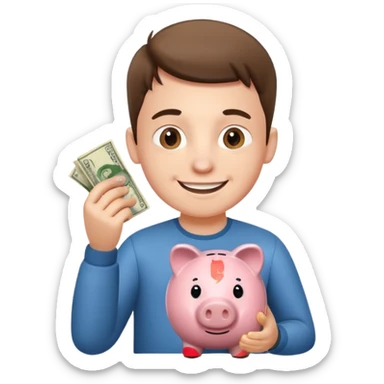 A young guy puts money in a piggy bank. sticker